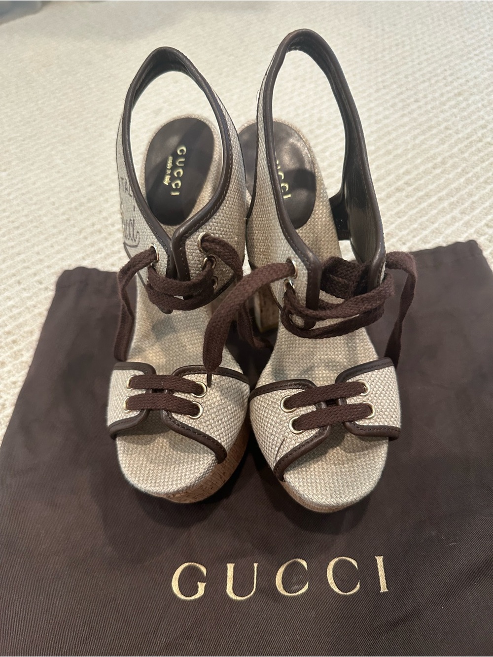 Gucci Beige and Brown Canvas Cork Platform Sandal - Picture 6 of 8